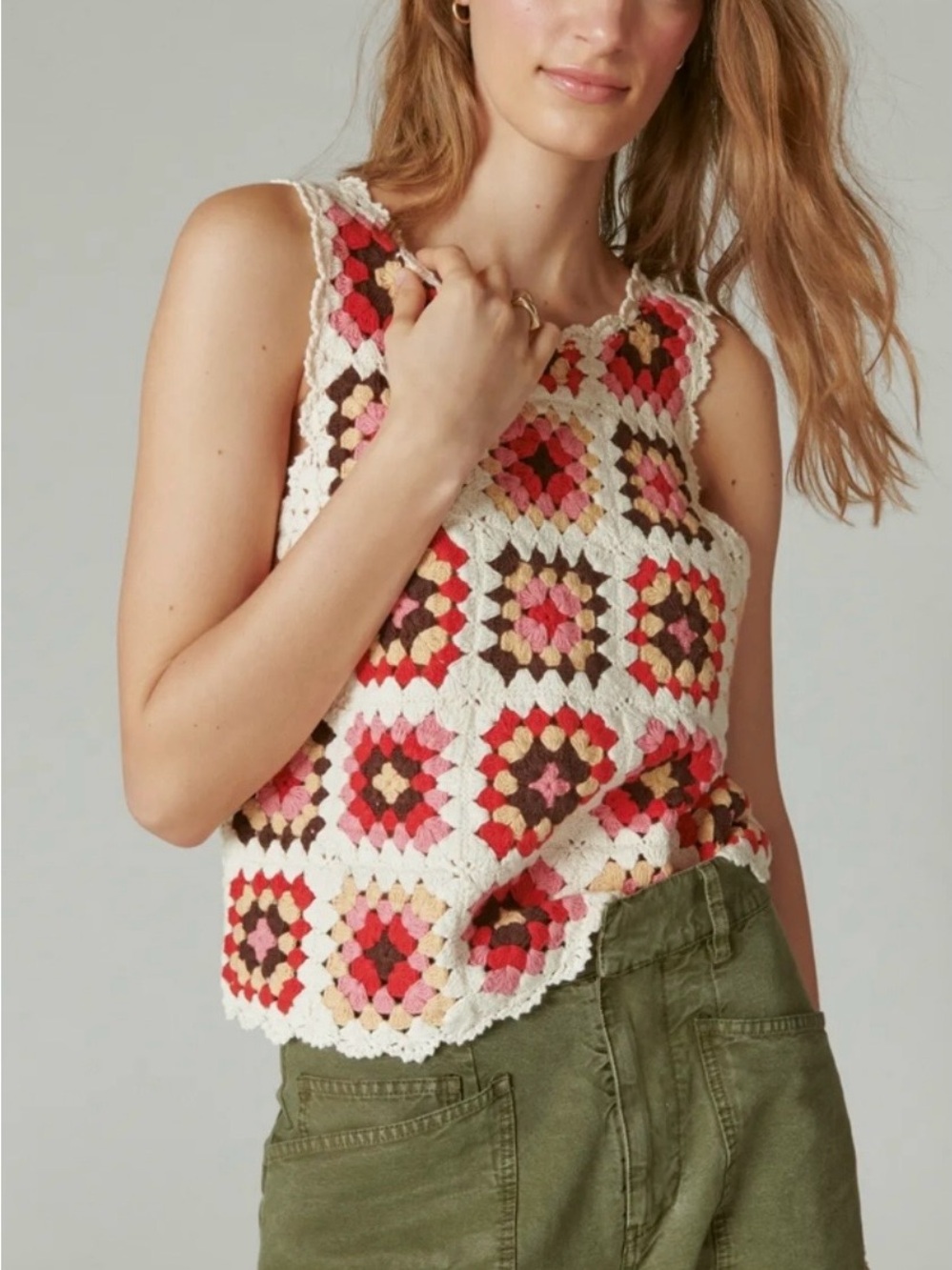 Lucky Brand Women's Granny Square Crochet Vest Size L